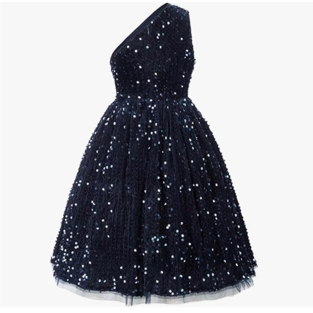 Girls Sequin Dress One Shoulder Sparkle Party Dress with Hair Bow - Picture 4 of 6